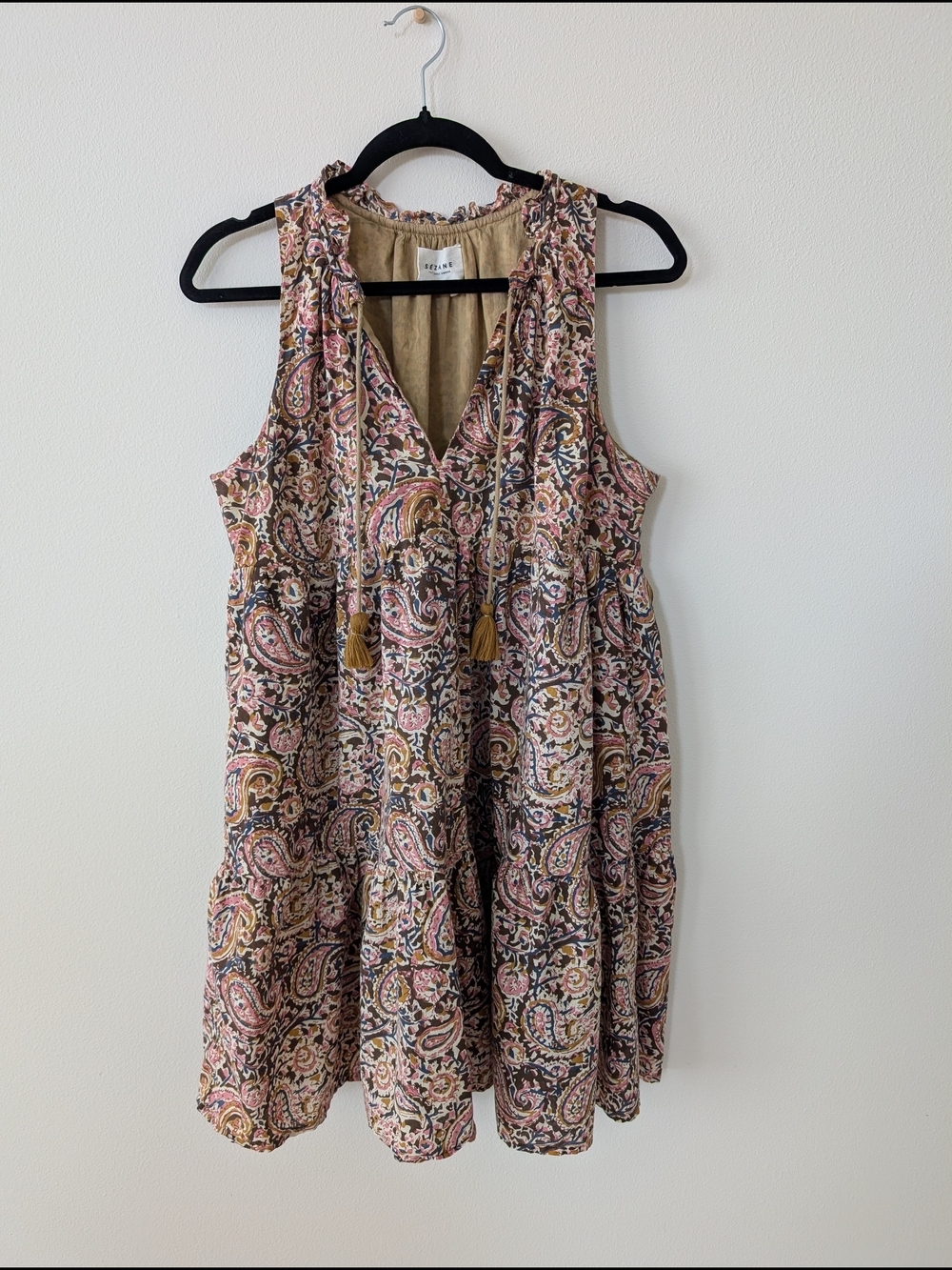 SEZANE Sleeveless Paisley Tiered Dress in Pink and Tan